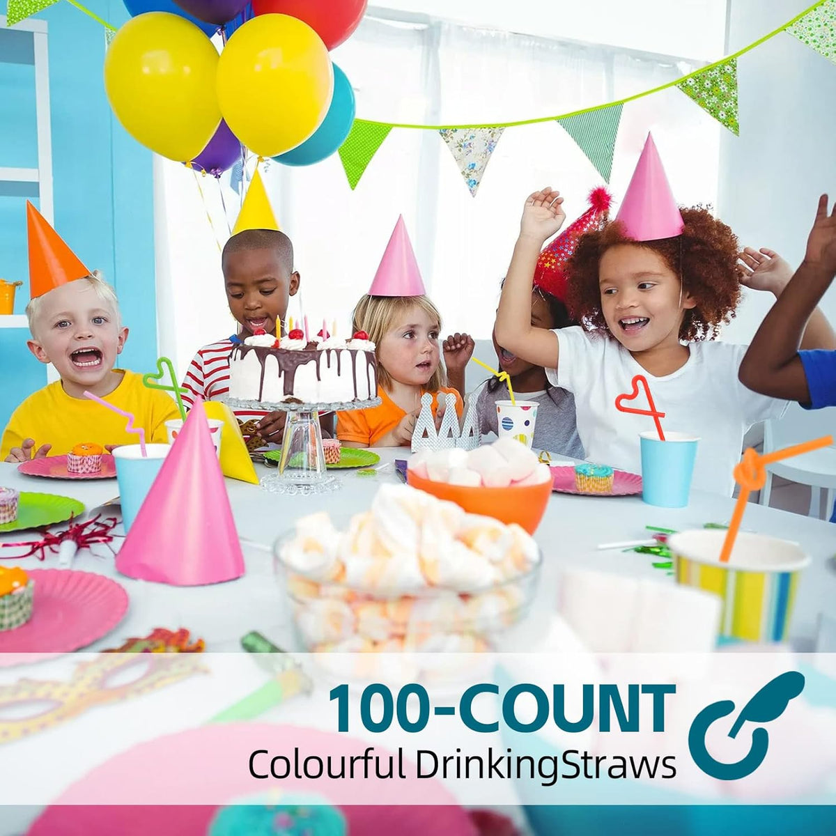 100PCS Flexible Plastic Straws, Colorful Disposable Bendy Party Fancy Straws12.8inch Extra Long Straws Party Decorations