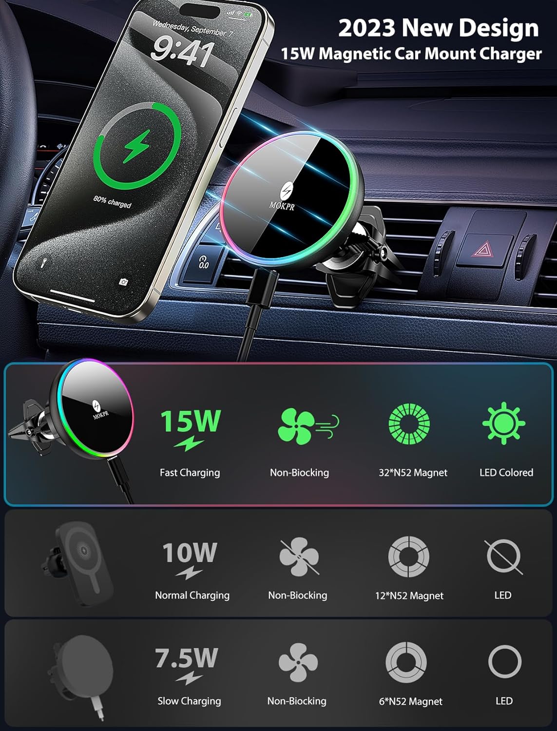 MOKPR for Magsafe Car Mount Charger-15W Wireless Car Charger-Magnetic Car Phone Holder for Dash Air Vent-LED RGB HandsFree Car Mount Fast Car Charger for iPhone 14/13/12 Series