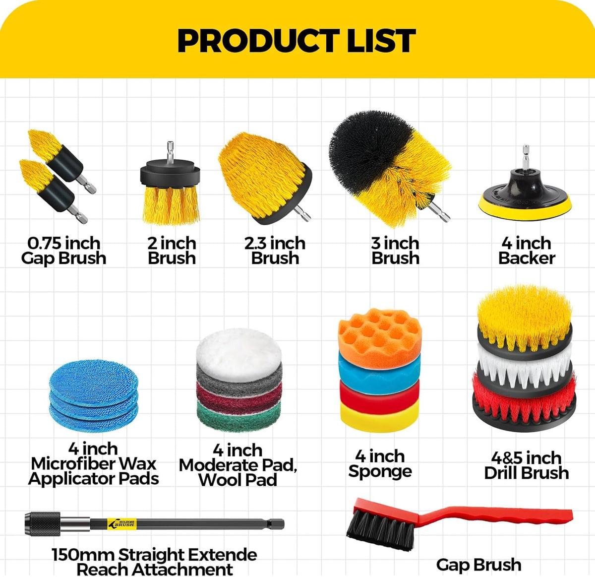 Holikme 22Pack Drill Brush Attachments Set,Scrub Pads & Sponge, Buffing Pads,Power Scrubber Brush,Car Polishing Pad Kit,Wax Applicator Pad,Car Cleaning Kit,Masonry Brushes,Cleaning Supplies
