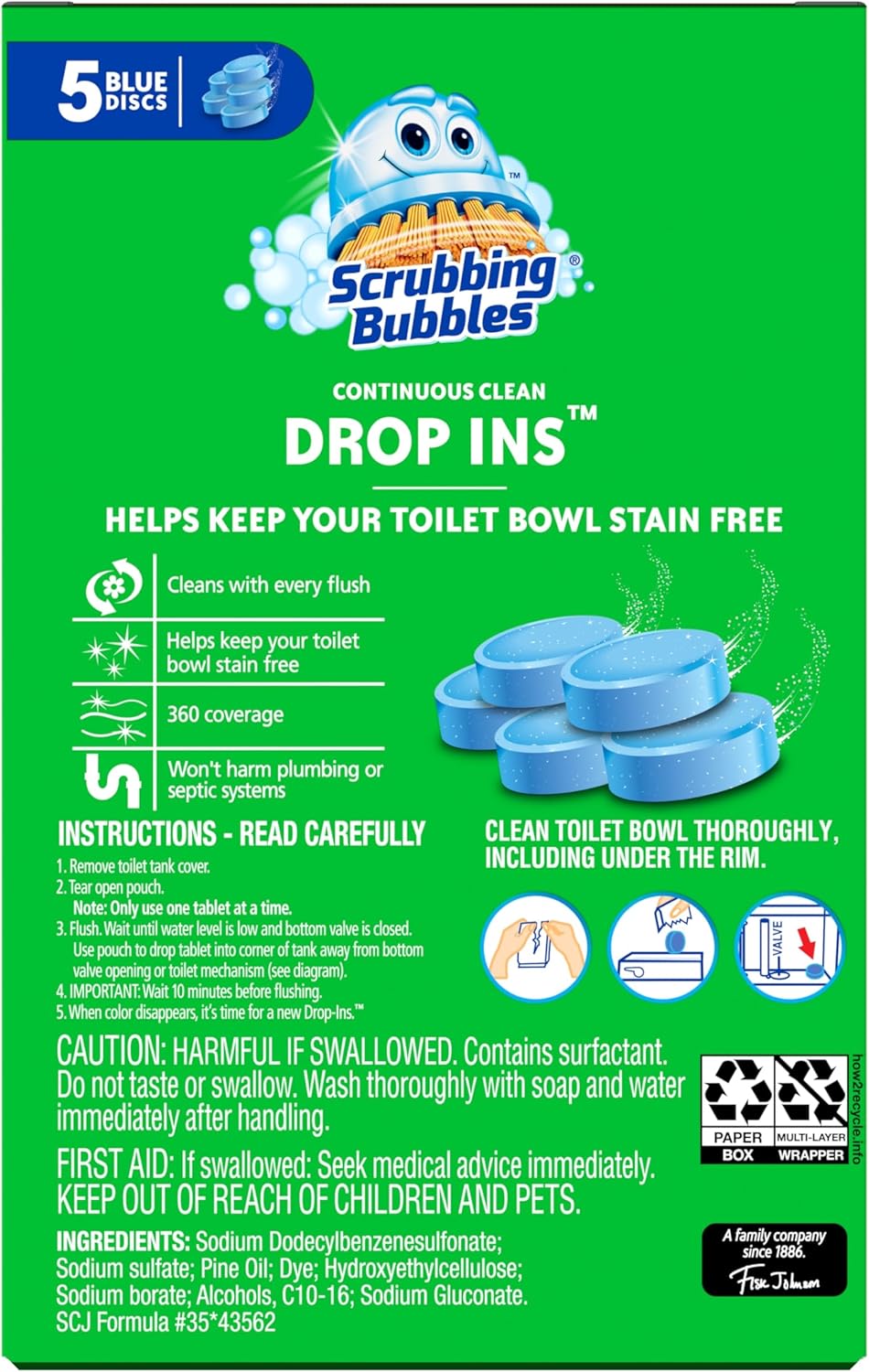 Scrubbing Bubbles Toilet Bowl Tablets, Continuous Clean Toilet Drop In Discs, Each Tablet Provides 4 Weeks of Protection Against Stains and Build Up, 5 Count (Pack of 1)