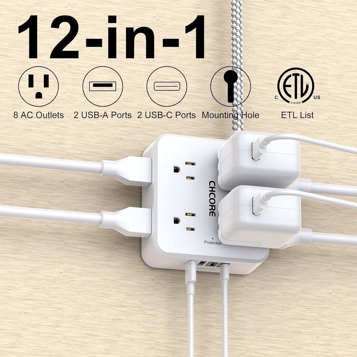 Surge Protector Power Strip - CHCORE 5Ft Braided Extension Cord with 8 Outlets with 4 USB (2 USB C) Charging Ports, Flat Plug Multi Plug Outlet Extender Charging Station for Home Office, ETL, White
