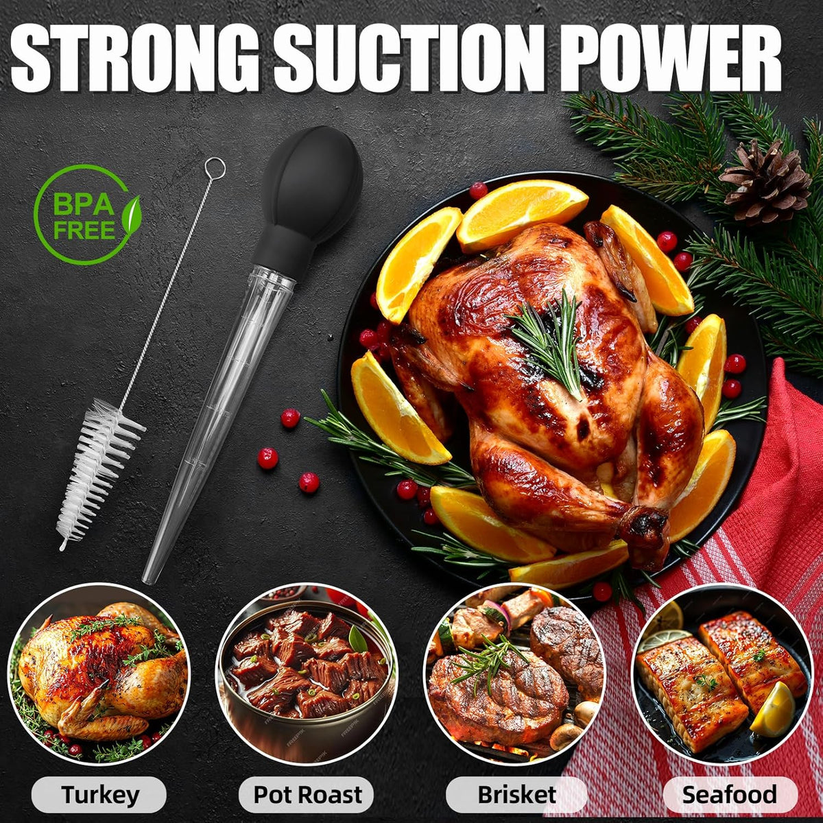 Premium Turkey Basters for Cooking – Baster Syringe for Hot Liquids – Meat and Food Injector – Essential Thanksgiving Cooking Tool – Turkey Baster Large with Cleaning Brush(Black)