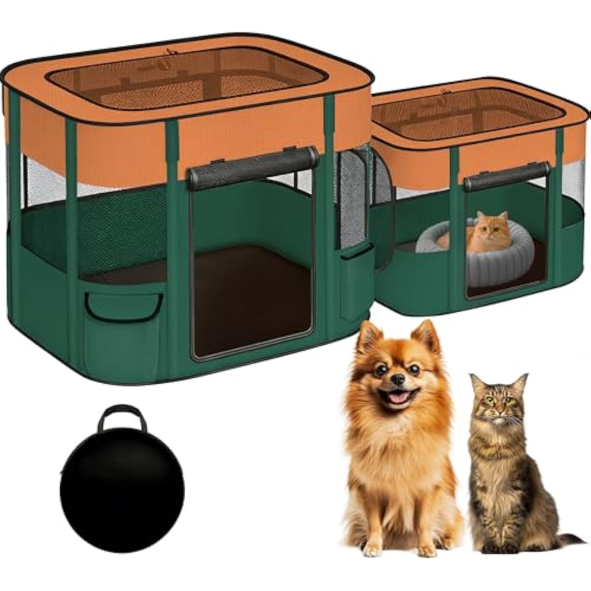 Portable Cat Playpen with Separate Areas, 2-in-1 Puppy Playpen & Cats Cage, Foldable Pet Tent for Indoor and Outdoor Use, Collapsible Tent Kennel Cage House(35.4"x27.6"x27.6", Orange & Green)