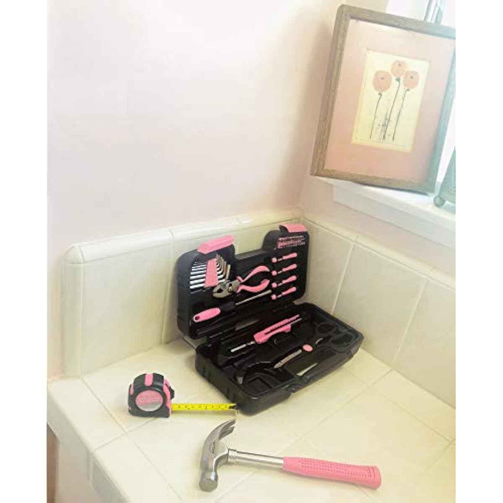 Apollo Tools Original 39 Piece General Household Tool Set in Toolbox Storage Case with Essential Hand Tools for Everyday Home Repairs, DIY and Crafts - Pink Ribbon - Pink - DT9706P