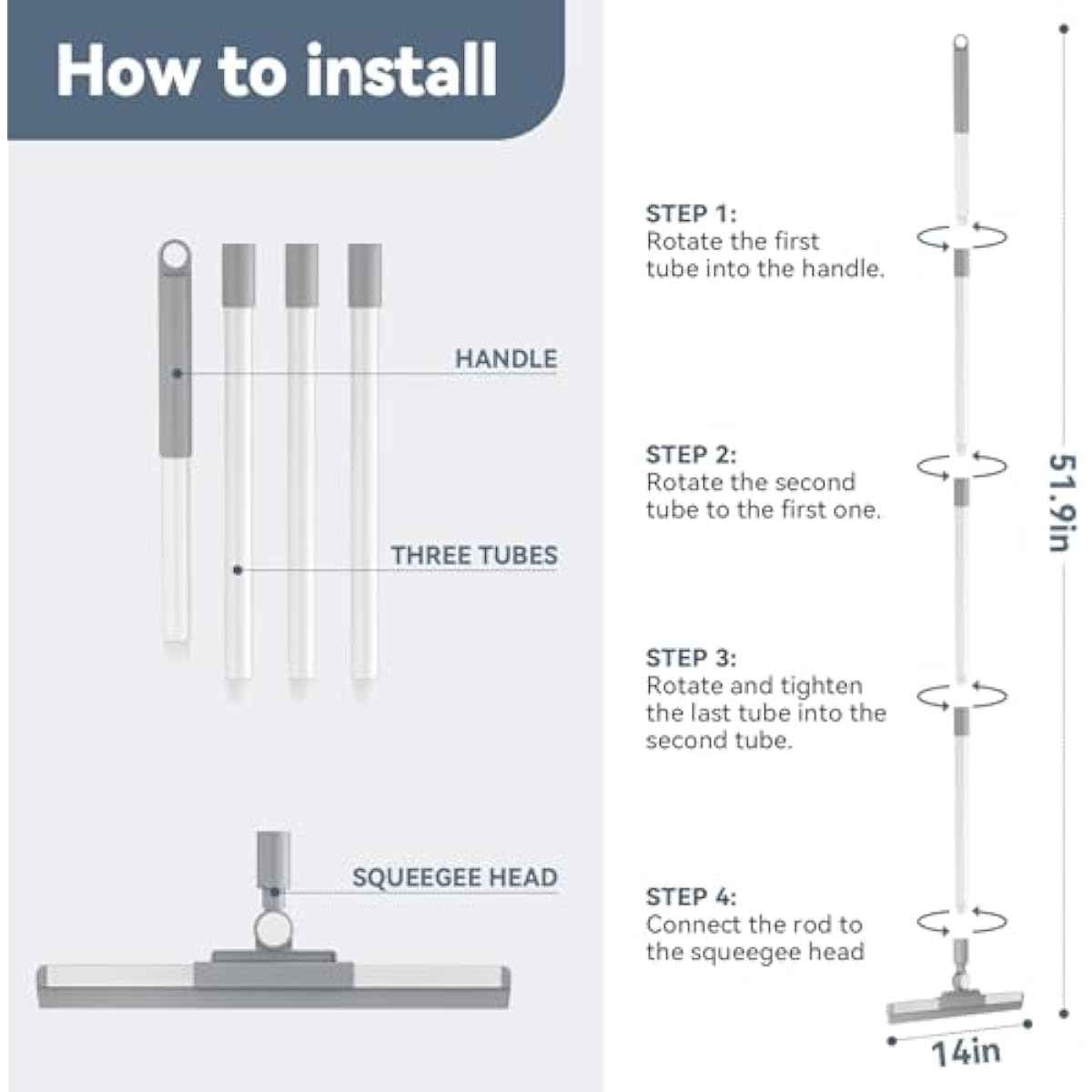 Floor Squeegee with 180° Rotating Head, Squeegee for Floor with 52'' Long Handle, Squeegee Broom, Squeegee for Window Cleaning, Bathroom Tile, Garage Concrete, Deck, Shower Glass (White)