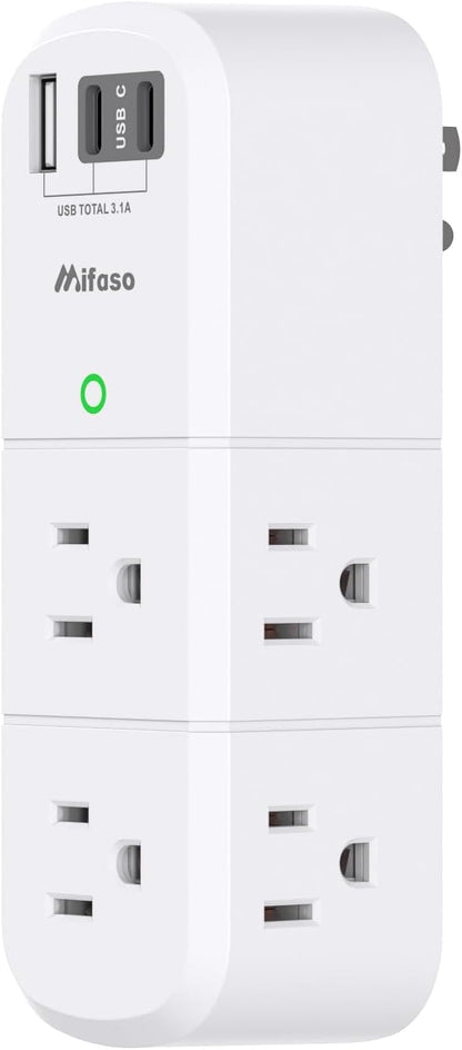 mifaso 3 sided swivel rotating plug surge protector with 6 ac multi plug wall outlets and 3 usb ports
