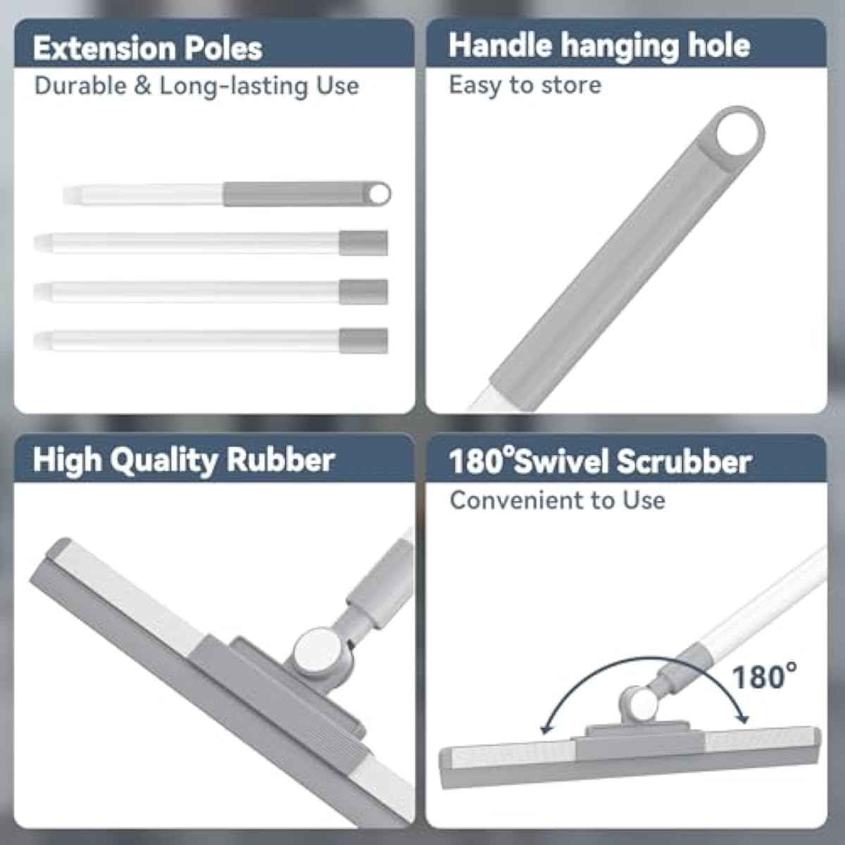 Floor Squeegee with 180° Rotating Head, Squeegee for Floor with 52'' Long Handle, Squeegee Broom, Squeegee for Window Cleaning, Bathroom Tile, Garage Concrete, Deck, Shower Glass (White)