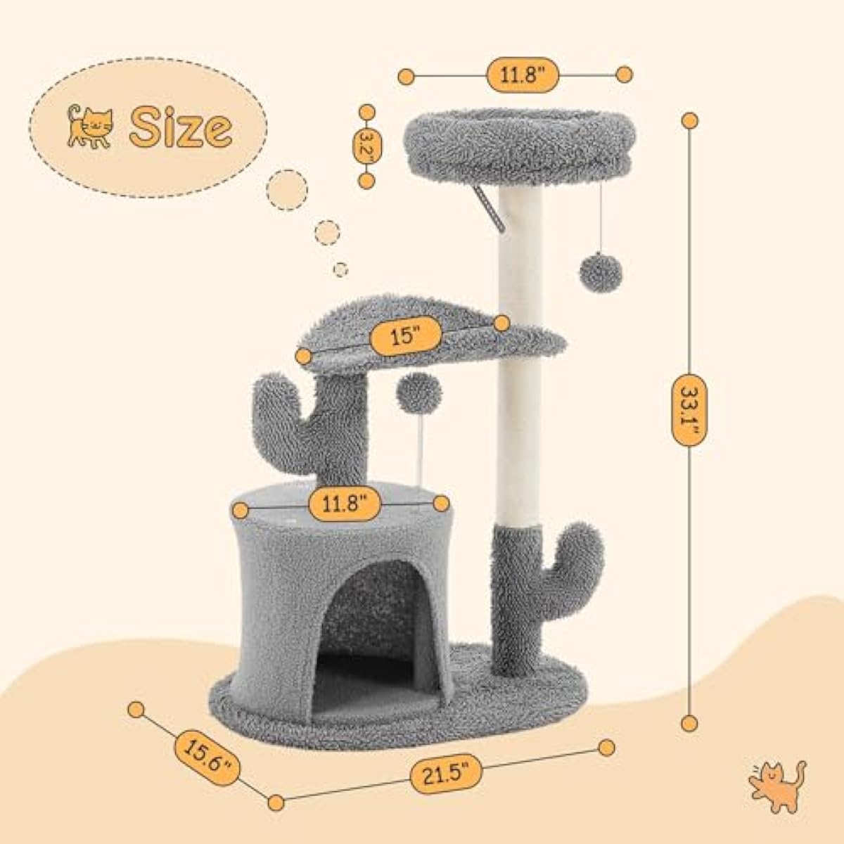 grey 33 inch multi-level cat tree tower with scratching posts and perches for indoor cats