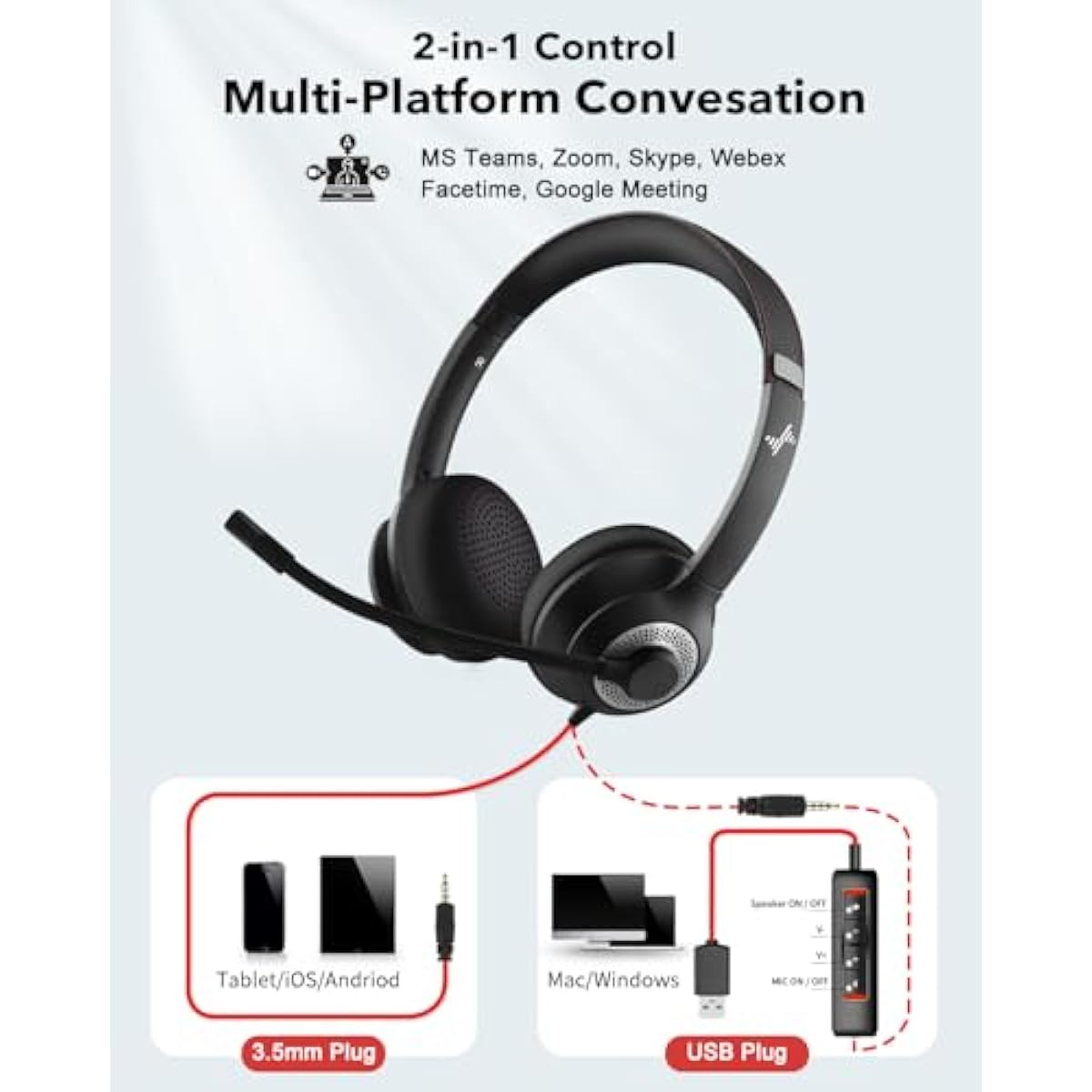 usb headset with noise cancelling microphone for pc laptop headphones black