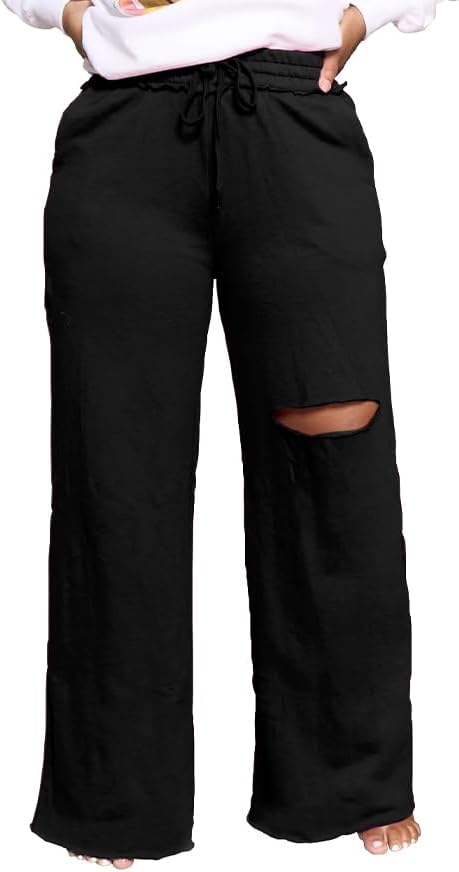 PINSV Wide Leg Pants for Women Drawstring Baggy Casual Sweatpants