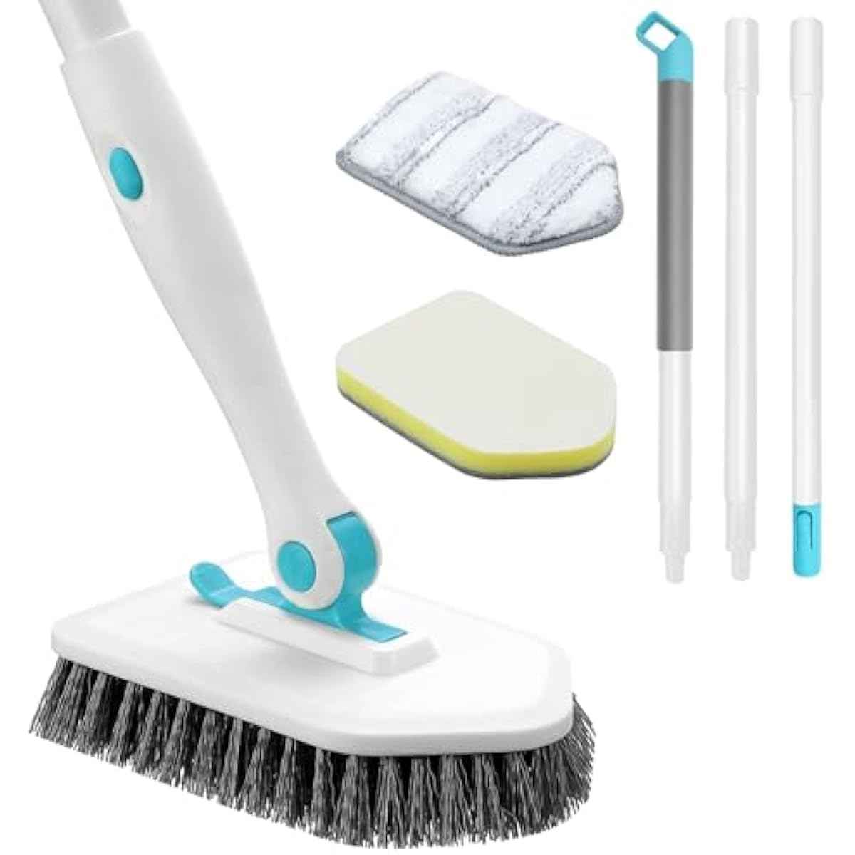 nacena Shower Scrubber with Long Handle, 3 in 1 Tile Tub Scrubber Brush with 3 Detachable Cleaning Heads Adjustable Handle Shower Cleaner Brush for Bathroom, Kitchen, Toilet, Wall, Sink, Blue White