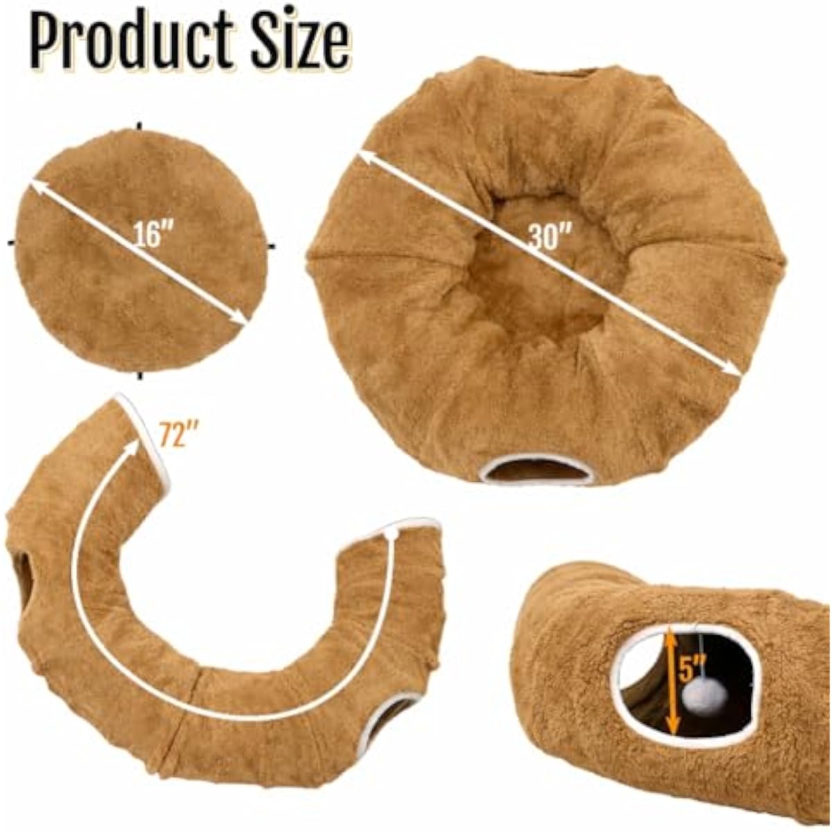 R1M Cat Donut Tunnel Bed Toy for Small and Larger Indoor Cats with Two Fish Toys, Brown