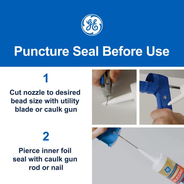 GE Advanced Silicone Caulk for Kitchen & Bathroom, White, 2.8 fl oz Tube, 1 Pack - 100% Waterproof Silicone Sealant, 5X Stronger Adhesion, Shrink & Crack Proof