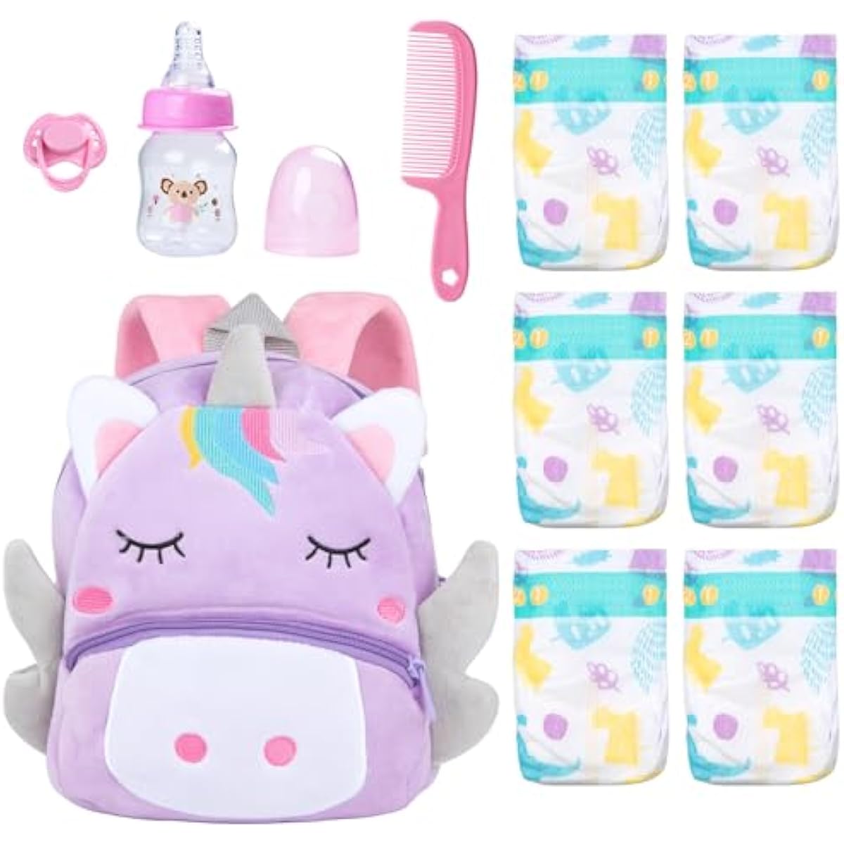 10 Pcs Reborn Baby Doll Diaper Bag Care and Feeding Set for 17-24 inches Reborn Dolls Newborn Baby Accessories with Unicorn Backpack Diapers Pacifier Bottle Comb