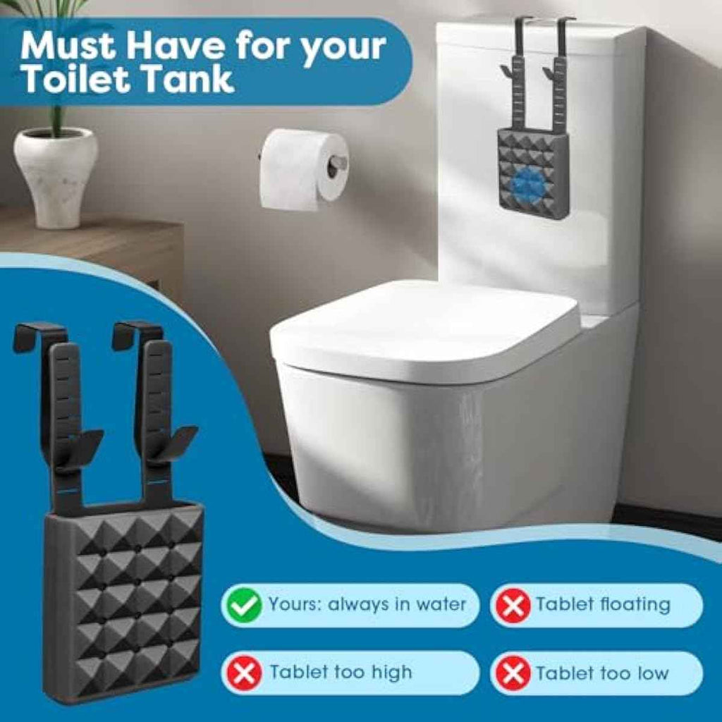 Adjustable Toilet Tank Cleaning Tablet Holder-Hanging Silicone Basket Carrier with Rustproof Hooks for Bowl Cleaner & Bleach Tablet Caddy, Accessory Fit Up to 7" Water Level