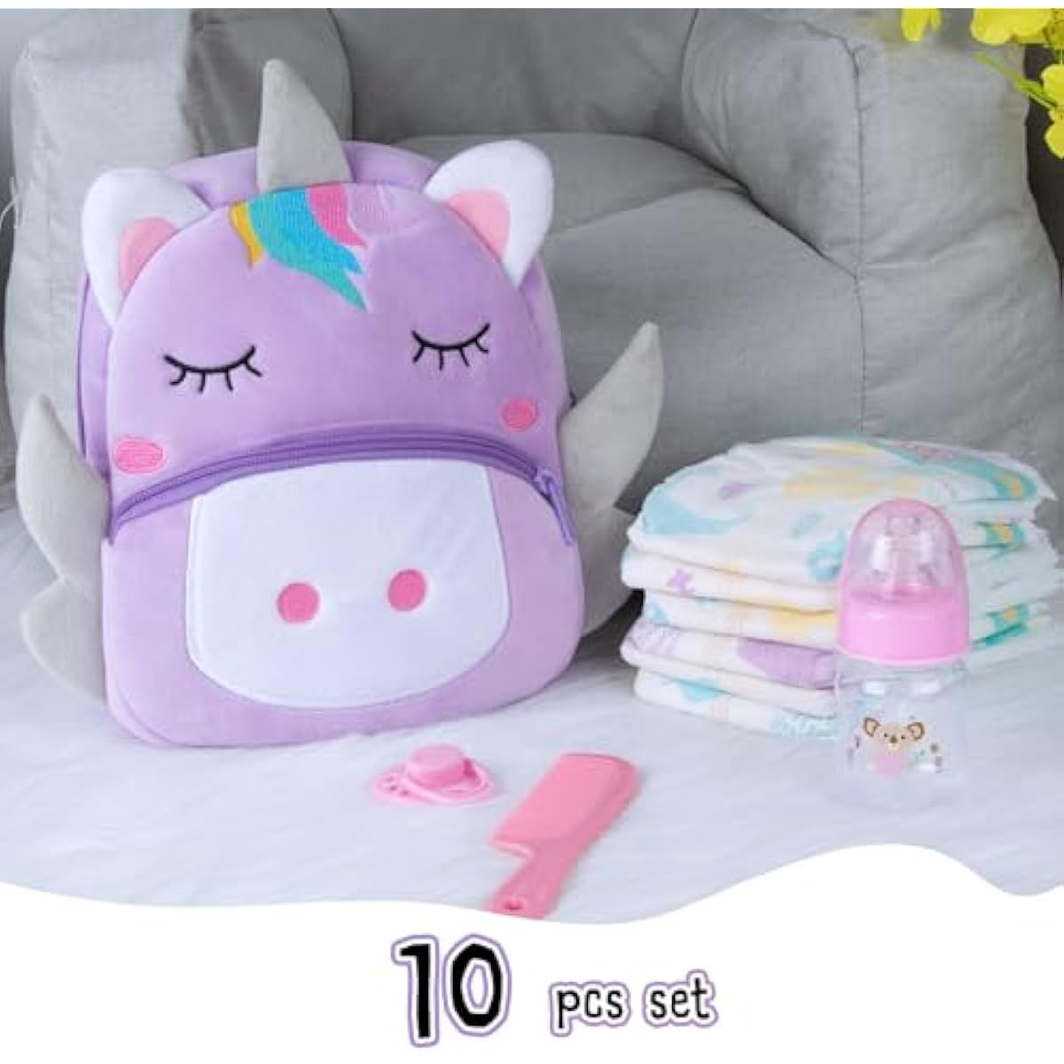 10 Pcs Reborn Baby Doll Diaper Bag Care and Feeding Set for 17-24 inches Reborn Dolls Newborn Baby Accessories with Unicorn Backpack Diapers Pacifier Bottle Comb