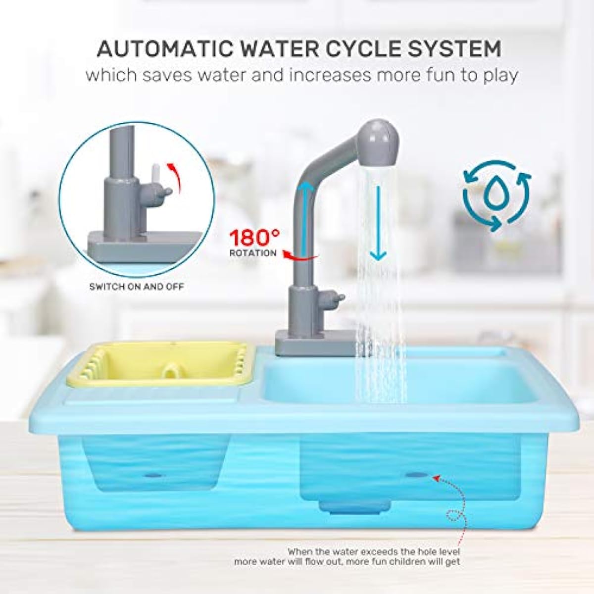 Cute Stone Color Changing Kitchen Sink Toy for Kids, Electric Dishwasher Play Set with Running Water and Faucet