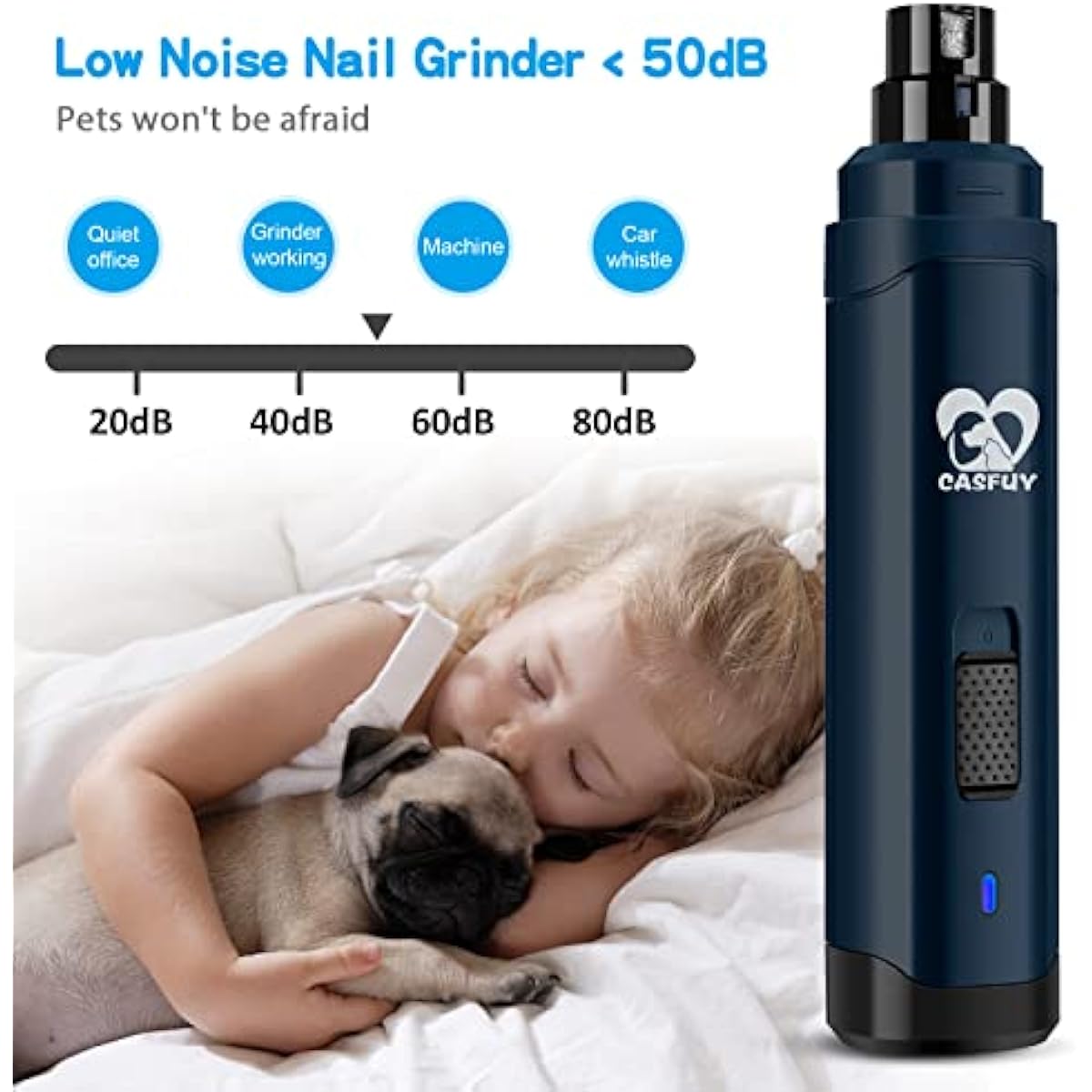 Casfuy Dog Nail Grinder Upgraded - Professional 2-Speed Electric Rechargeable Pet Nail Trimmer Painless Paws Grooming & Smoothing for Small Medium Large Dogs & Cats(Dark Blue)