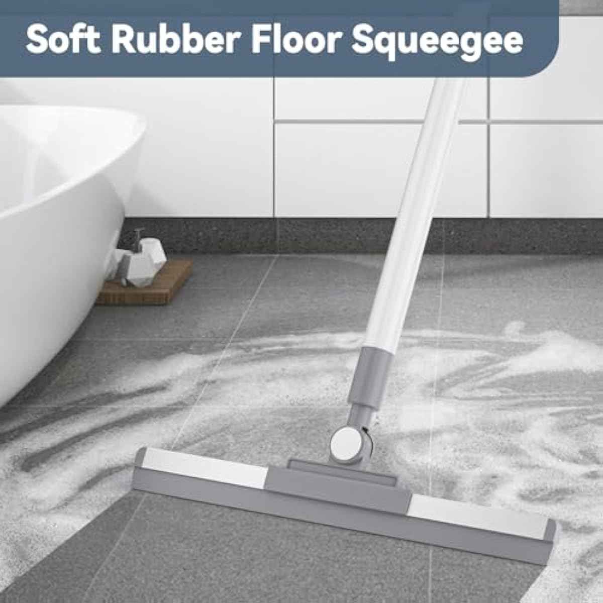 180° Rotating Floor Squeegee with 52'' Long Handle for Floor, Window, and Bathroom Cleaning (White)