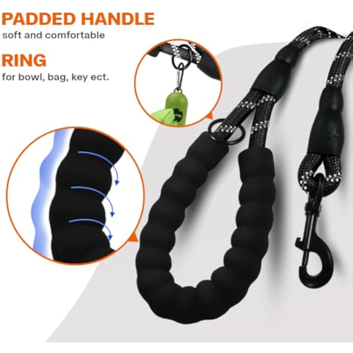 Taglory 6 FT Rope Dog Leash for Medium Large Dogs with Padded Handle, Reflective Threads, 1/2 inch, Black
