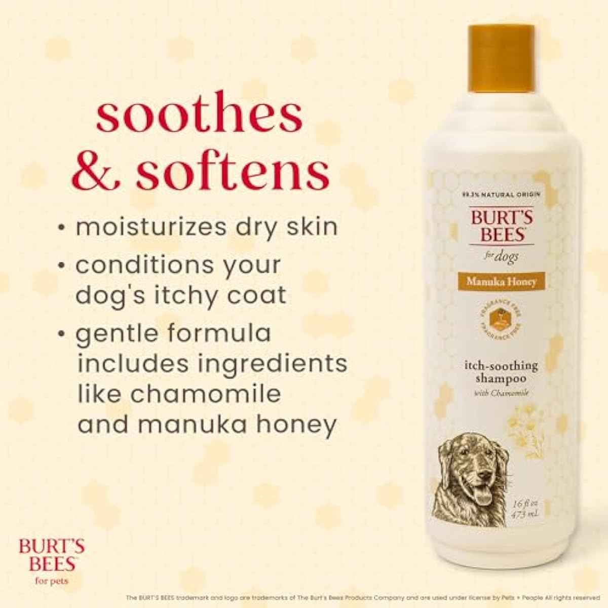 Burt’s Bees for Pets Itch Shampoo with Manuka Honey and Chamomile for Dogs, Itch Relief for Dogs - Naturally Derived Ingredients, 16 Fl Oz