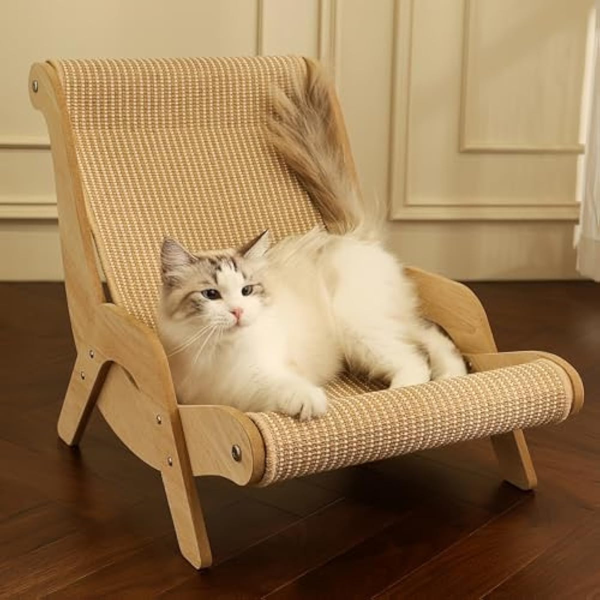 Cat Hammock Chair with A Scratch Pad, Beach Style Lounger for Large Cats, Elevated Cat Beds for Indoor, Pet Rattan Chair