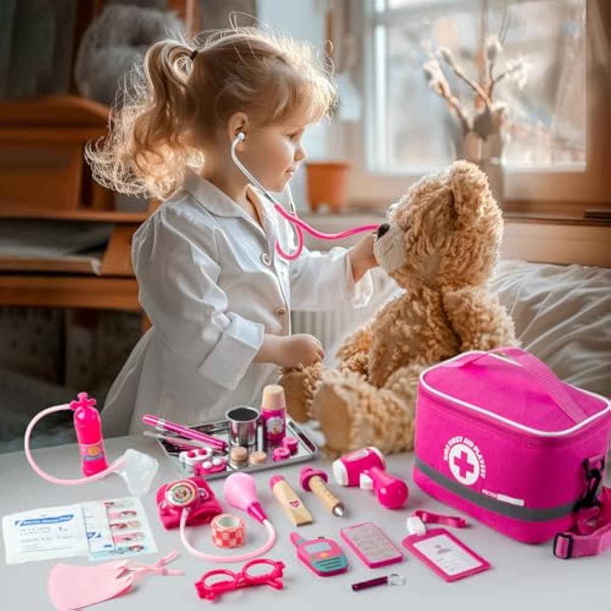Doctor Kit for Kids Girls, 34 Pcs Kids Doctor Kit for Toddlers 3-5 with Medical Storage Bag & Real Stethoscope, Pretend Play Set for Boys Girls Fun Role Playing Game