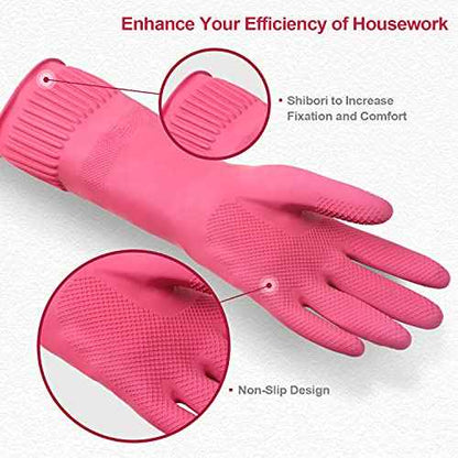 Mamison 2 Pairs Reusable Waterproof Dishwashing Gloves - Non-Slip Kitchen Cleaning Gloves (Pink, Medium)