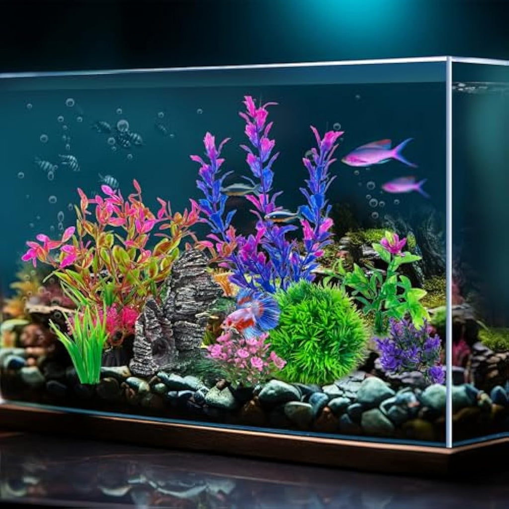 Ameliade Aquarium Artificial Plastic Plants Decorations and Rock Cave Decor Set Goldfish Betta Fish Tank Accessories Small Large Fish Bowl Ornaments