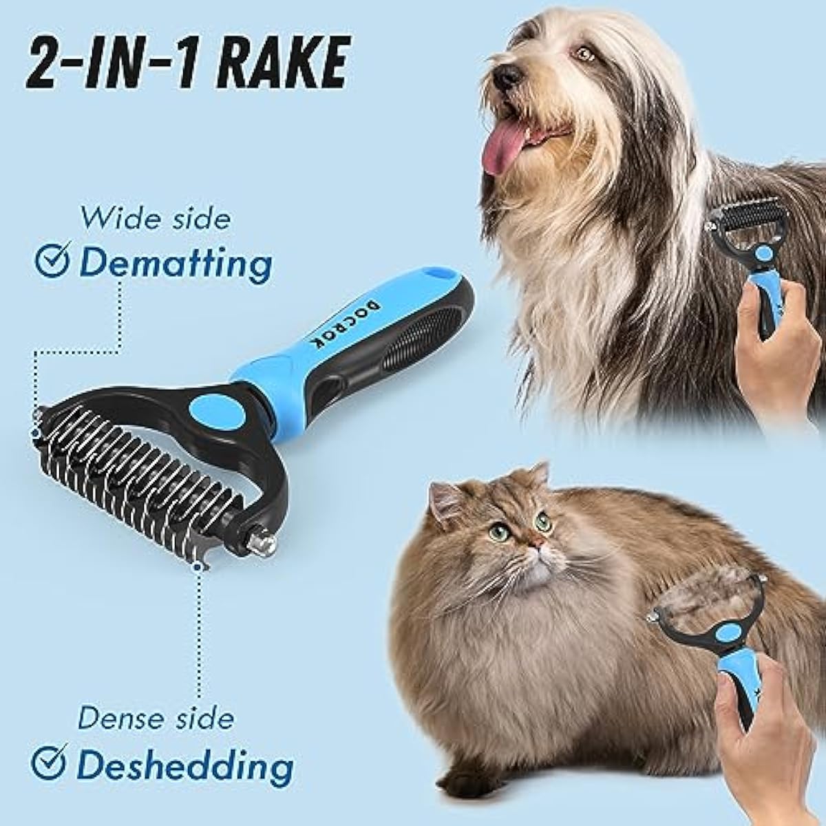 Pet Grooming Combo - Blue Deshedding Brush with Metal Comb for Detangling and Dematting Long, Matted Fur on Cats and Dogs