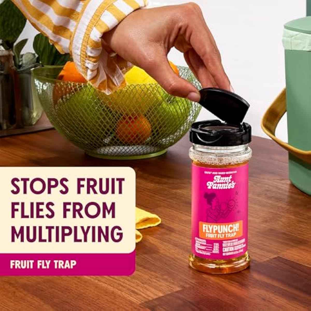 Aunt Fannie's FlyPunch Fruit Fly Trap for Indoor and Kitchen Use, Ready to Use, Made with Plant Based Ingredients, Safe Near Food, Each Bottle Lasts Up to 30 Days, Pack of 2