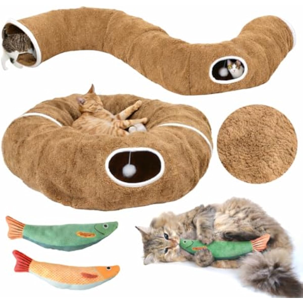 R1M Cat Donut Tunnel Bed Toy for Small and Larger Indoor Cats with Two Fish Toys, Brown