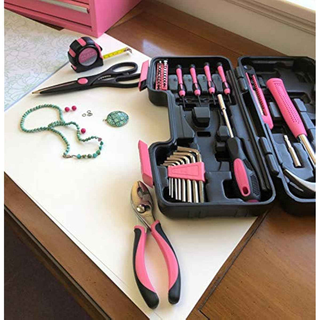 Apollo Tools Original 39 Piece General Household Tool Set in Toolbox Storage Case with Essential Hand Tools for Everyday Home Repairs, DIY and Crafts - Pink Ribbon - Pink - DT9706P