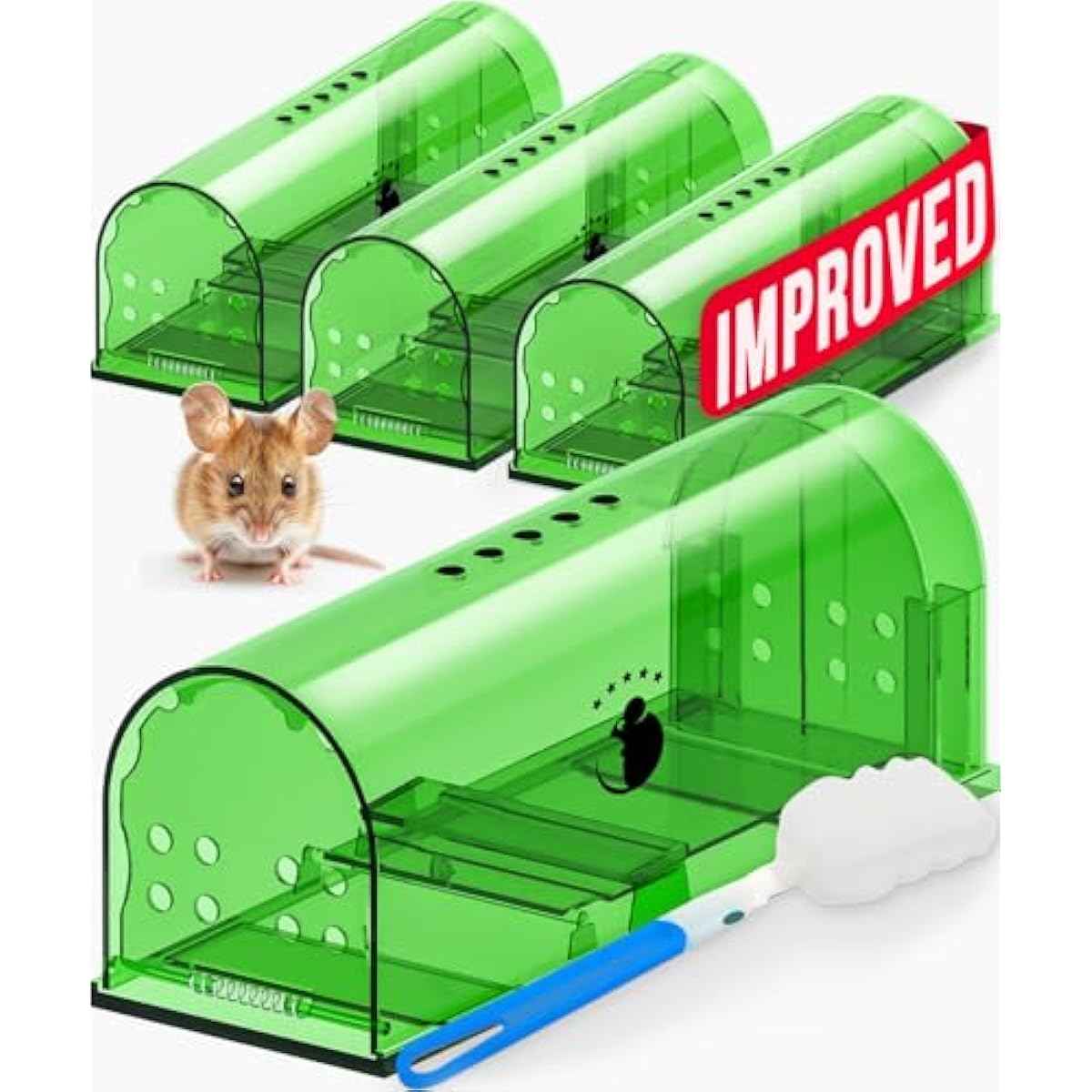 Motel Mouse Humane Mouse Traps No Kill Live Catch and Release 4 Pack - Reusable, Easy to Use & Clean, No Touch Release, Sensitive Includes Cleaning Brush, Instruction Manual & Video - Mousetrap Indoor