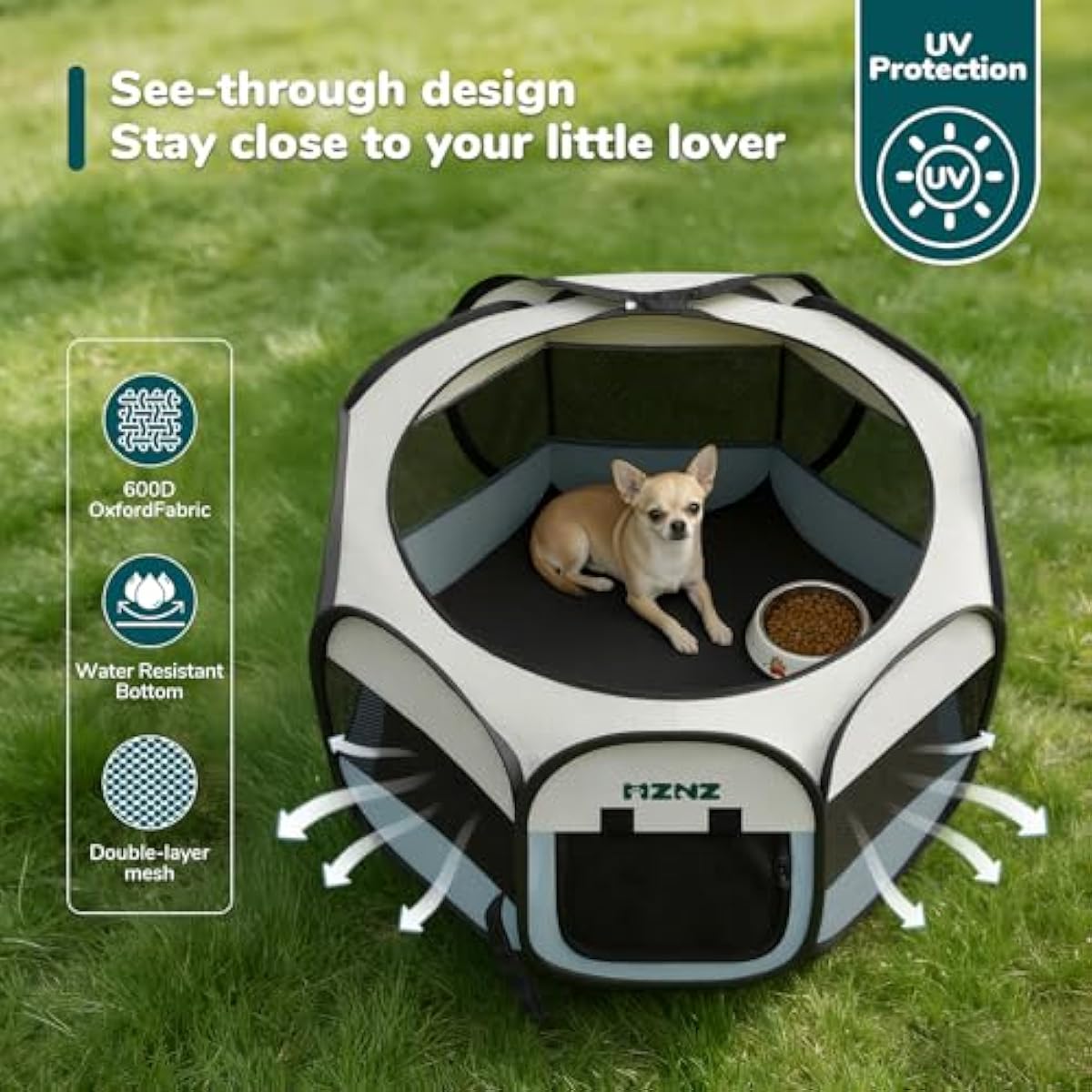 Grey dog cat playpen, portable puppy pet crate for small dogs, cats, rabbits, foldable dog cage enclosure with carrying case