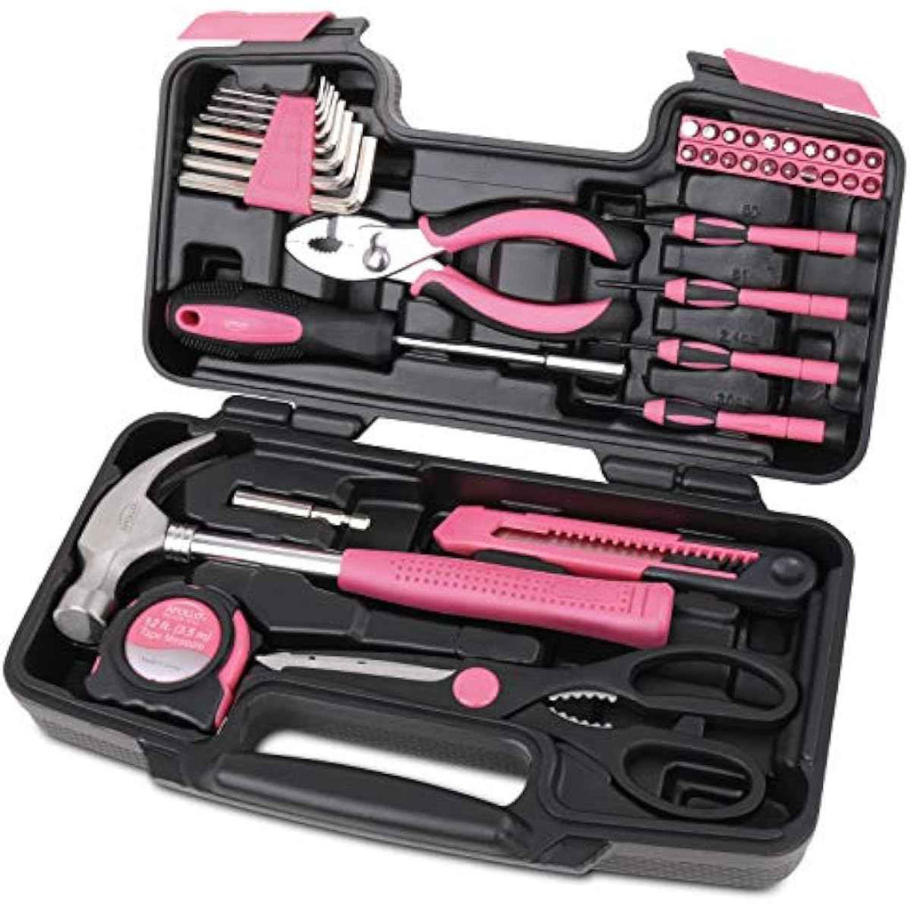 Apollo Tools Original 39-Piece General Household Tool Set, Pink Toolbox Storage Case