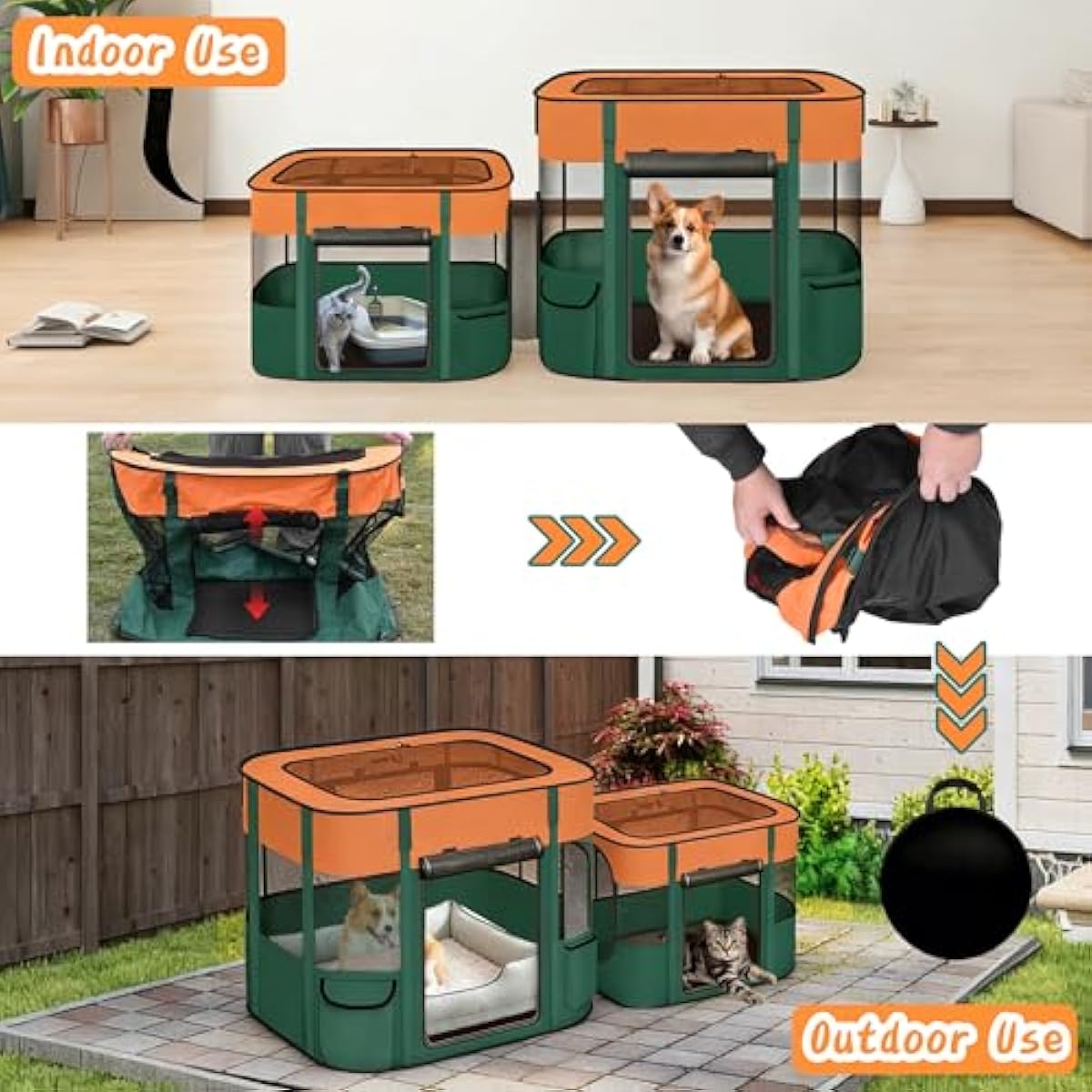 Portable Cat Playpen with Separate Areas, 2-in-1 Puppy Playpen & Cats Cage, Foldable Pet Tent for Indoor and Outdoor Use, Collapsible Tent Kennel Cage House(35.4"x27.6"x27.6", Orange & Green)