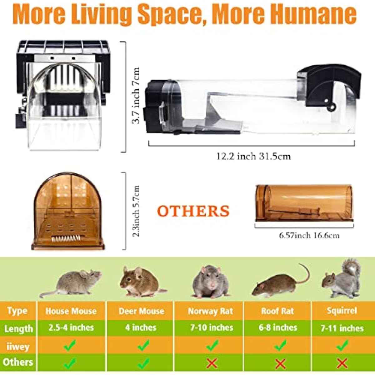 Humane Mouse Traps, 12 inches Enlarged No Kill Rat Live Traps for Chipmunks, Reusable Catch and Release Mice, Pet and Children Friendly Mouse Trap That Work