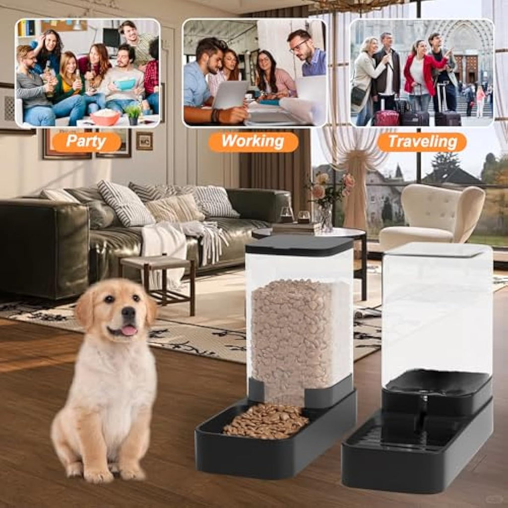 Automatic Cat Feeder and Water Dispenser Set with Pet Food Bowl, Gravity Dog Waterer, and Food Feeder for Small to Large Pets, 3.3L Black
