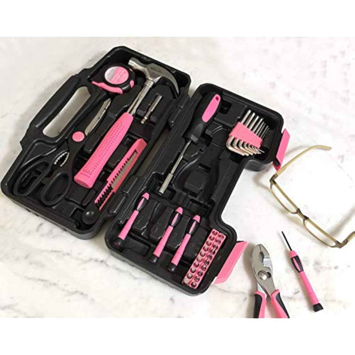 Apollo Tools Original 39 Piece General Household Tool Set in Toolbox Storage Case with Essential Hand Tools for Everyday Home Repairs, DIY and Crafts - Pink Ribbon - Pink - DT9706P
