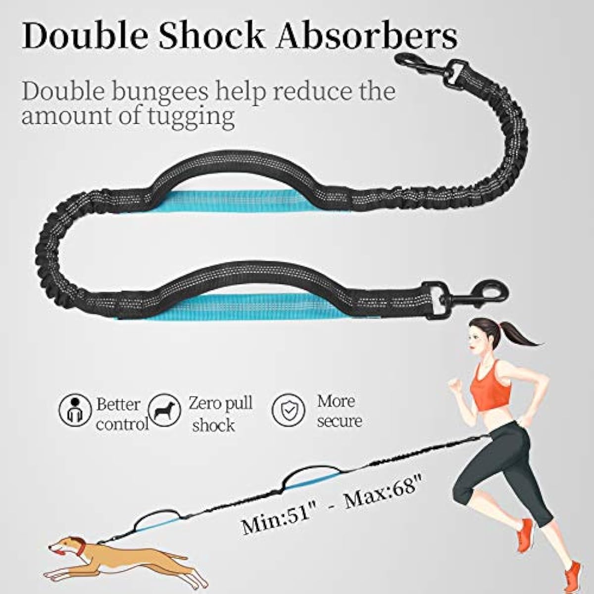 iYoShop hands-free dog leash with zipper pouch and dual padded handles for medium and large dogs (large, 25-120 lbs, black)
