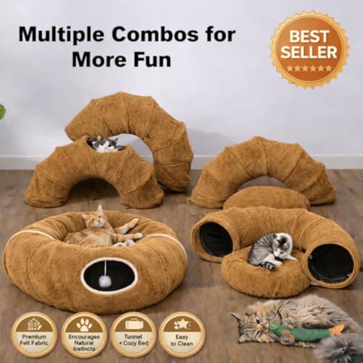 R1M Cat Donut Tunnel Bed Toy for Small and Larger Indoor Cats with Two Fish Toys, Brown