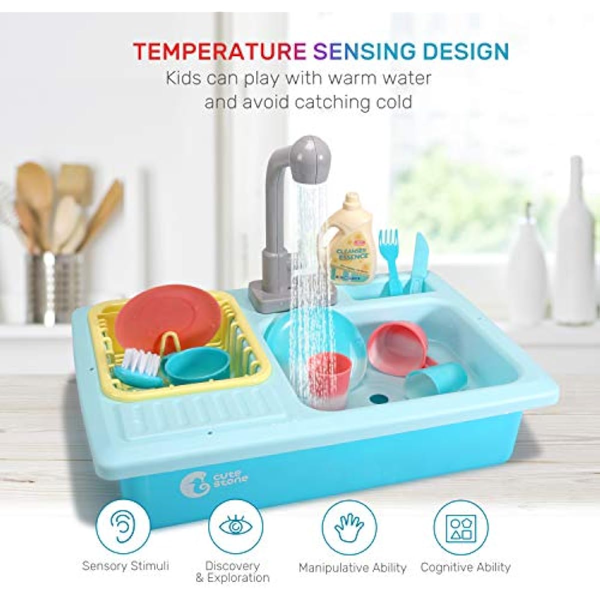 Cute Stone Color Changing Kitchen Sink Toy for Kids, Electric Dishwasher Play Set with Running Water and Faucet