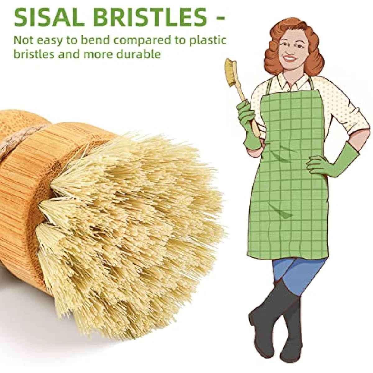 SUBEKYU Bamboo Dish Scrub Brush for Kitchen Sink, Natural Wooden Washing Dish Brush Scrubber with Sisal Bristles for Household Cleaning, Cast Iron Pots, Pans and Vegetables