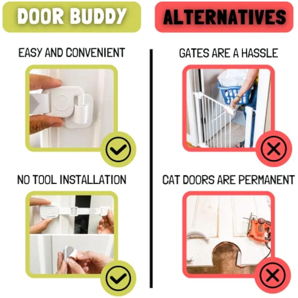 Door Buddy Cat Door Latch & Stopper. Adjustable Dog Proof Door Strap for Cats. Dog Proof Litter Box & Cat Feeder. Simpler Pet Gate Alternative. No Cut Cat Door Interior Door.
