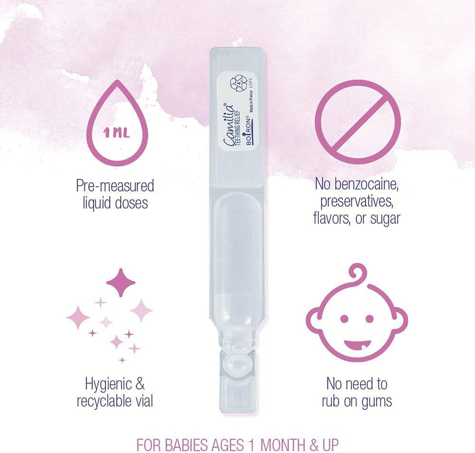 Boiron Camilia Teething Drops for Daytime and Nighttime Relief of Painful or Swollen Gums and Irritability in Babies - 40 Liquid Droppers Bundled in 8 separate packs of 5