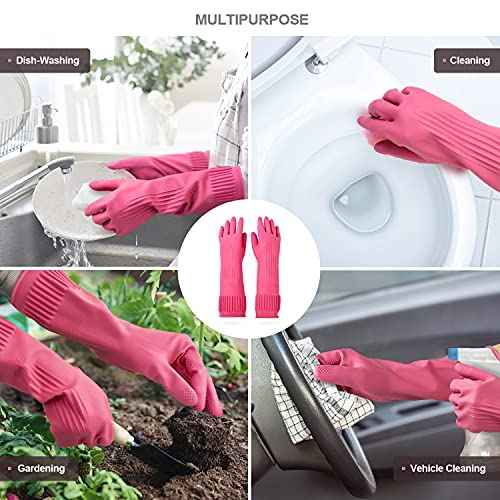 Mamison 2 Pairs Reusable Waterproof Household Dishwashing Cleaning Rubber Gloves, Non-Slip Kitchen Glove (Pink, Medium (Pack of 2))