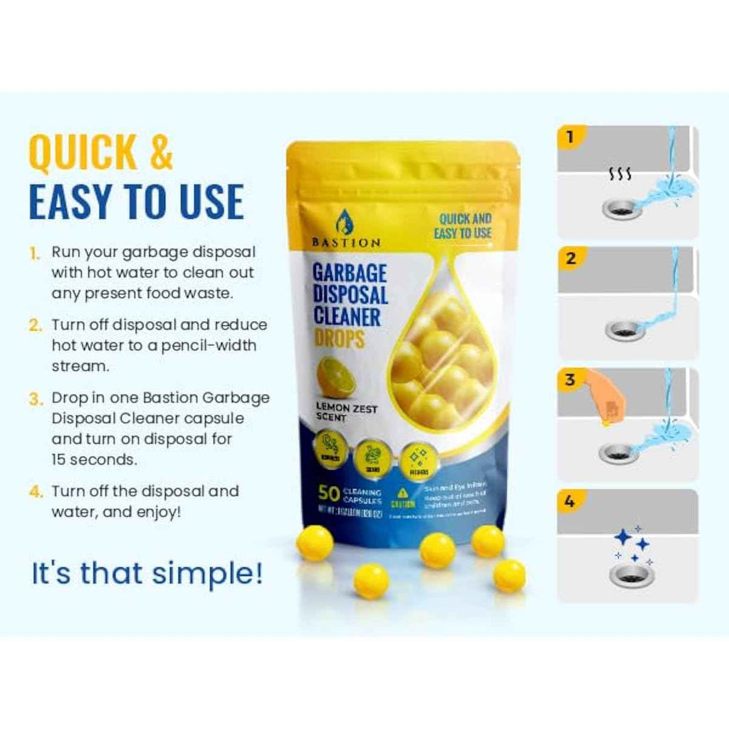 Bastion lemon zest scented 50-count garbage disposal cleaner drops & deodorizer pods for kitchen sink