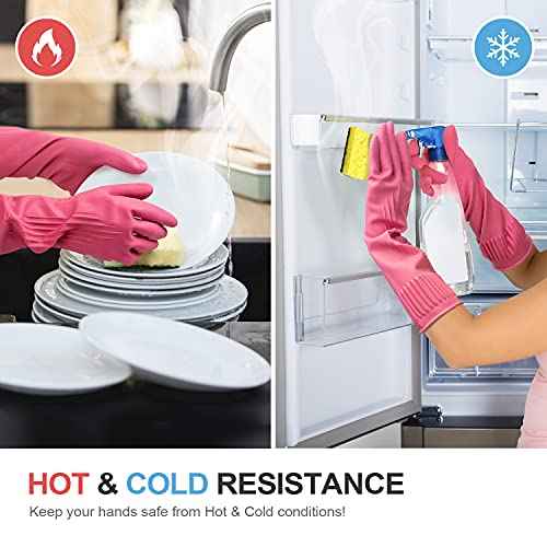 Mamison 2 Pairs Reusable Waterproof Household Dishwashing Cleaning Rubber Gloves, Non-Slip Kitchen Glove (Pink, Medium (Pack of 2))
