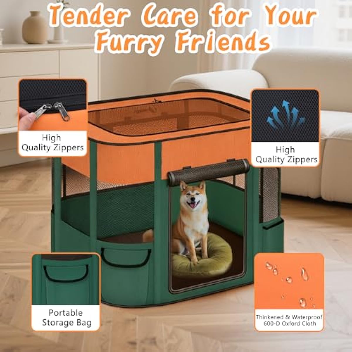 Portable Cat Playpen with Separate Areas, 2-in-1 Puppy Playpen & Cats Cage, Foldable Pet Tent for Indoor and Outdoor Use, Collapsible Tent Kennel Cage House(35.4"x27.6"x27.6", Orange & Green)